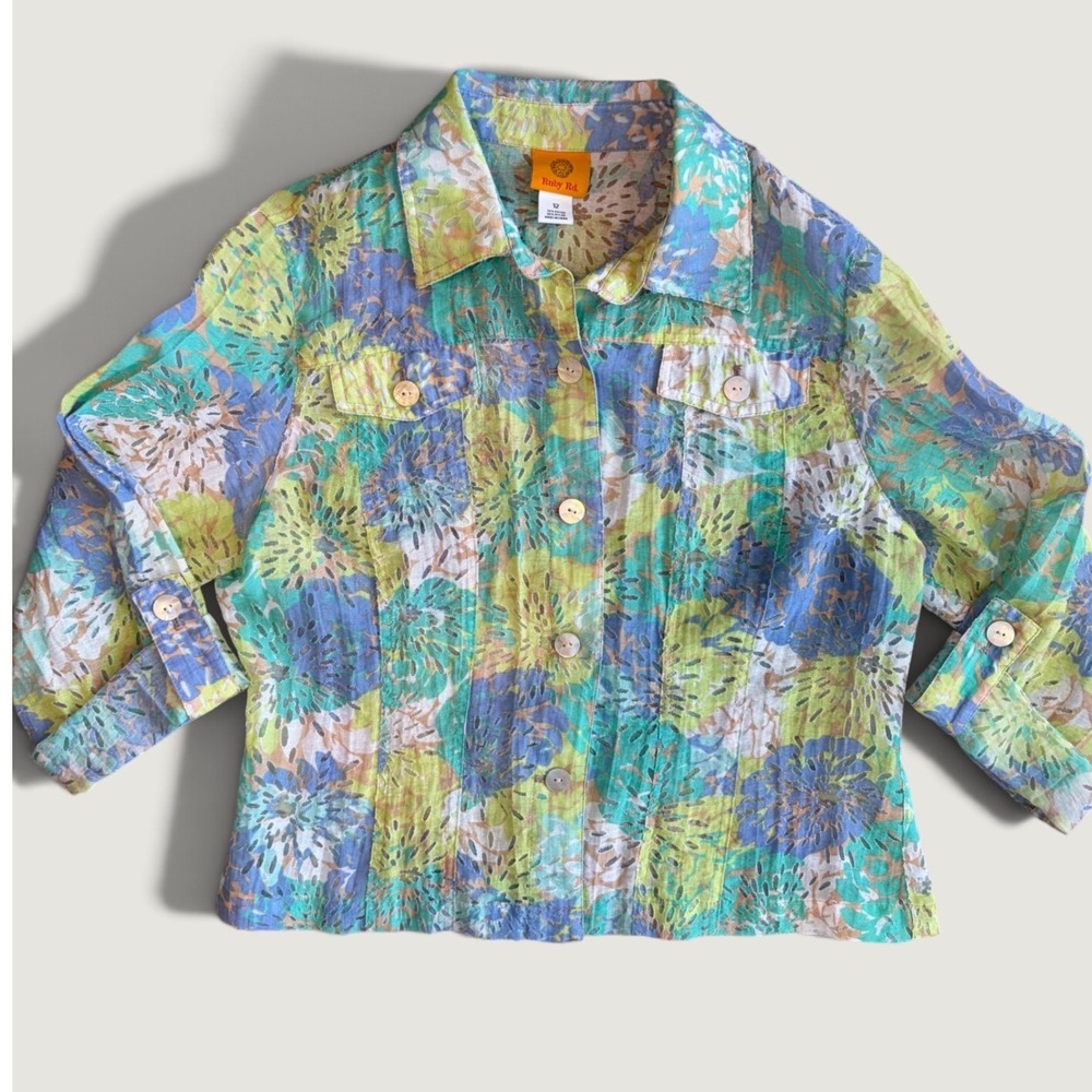 Ruby Rd Womens Blue Green Floral Burnout Button Front Shirt Top Size 12